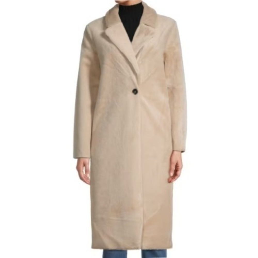 Magaschoni Womens Faux Fur Long Coat Beige Tan Notched Lapel Single Button Large